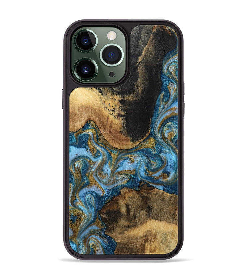 iPhone 13 Pro Max Wood Phone Case - Gena (Teal & Gold, 791952)