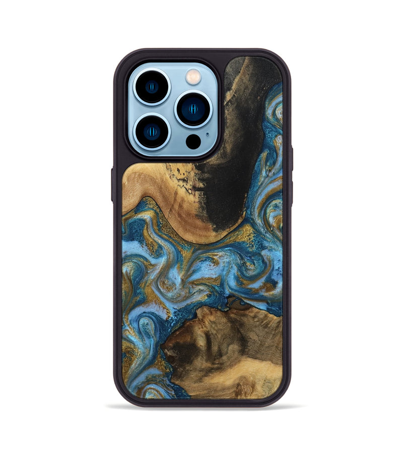 iPhone 14 Pro Wood Phone Case - Gena (Teal & Gold, 791952)
