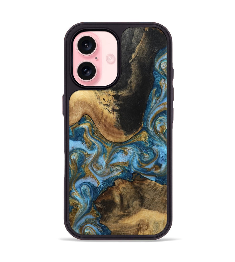iPhone 16 Wood Phone Case - Gena (Teal & Gold, 791952)