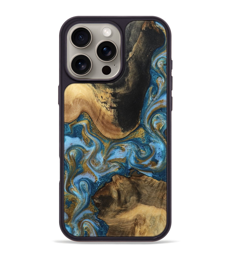 iPhone 16 Pro Max Wood Phone Case - Gena (Teal & Gold, 791952)