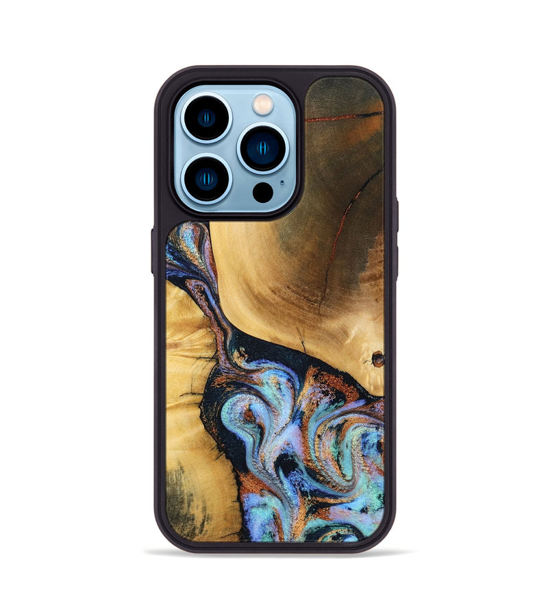 iPhone 14 Pro Wood Phone Case - Mireya (Teal & Gold, 791968)