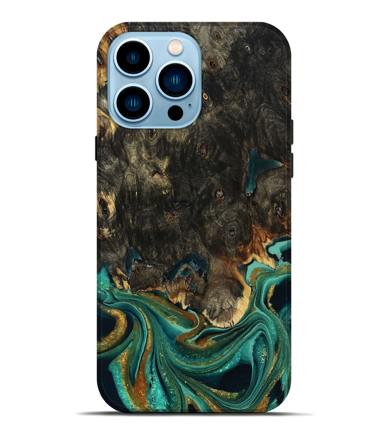 iPhone 14 Pro Max Wood Live Edge Phone Case - Carie (Teal & Gold, 792043)