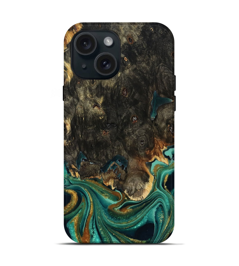 iPhone 15 Wood Live Edge Phone Case - Carie (Teal & Gold, 792043)