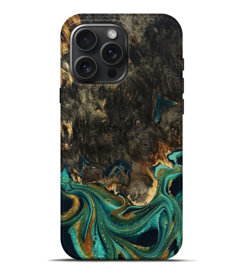iPhone 16 Pro Max Wood Live Edge Phone Case - Carie (Teal & Gold, 792043)
