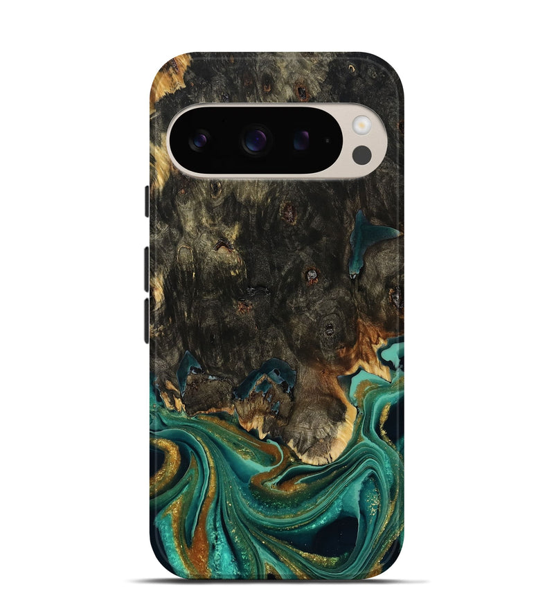 Pixel 9 Wood Live Edge Phone Case - Carie (Teal & Gold, 792043)