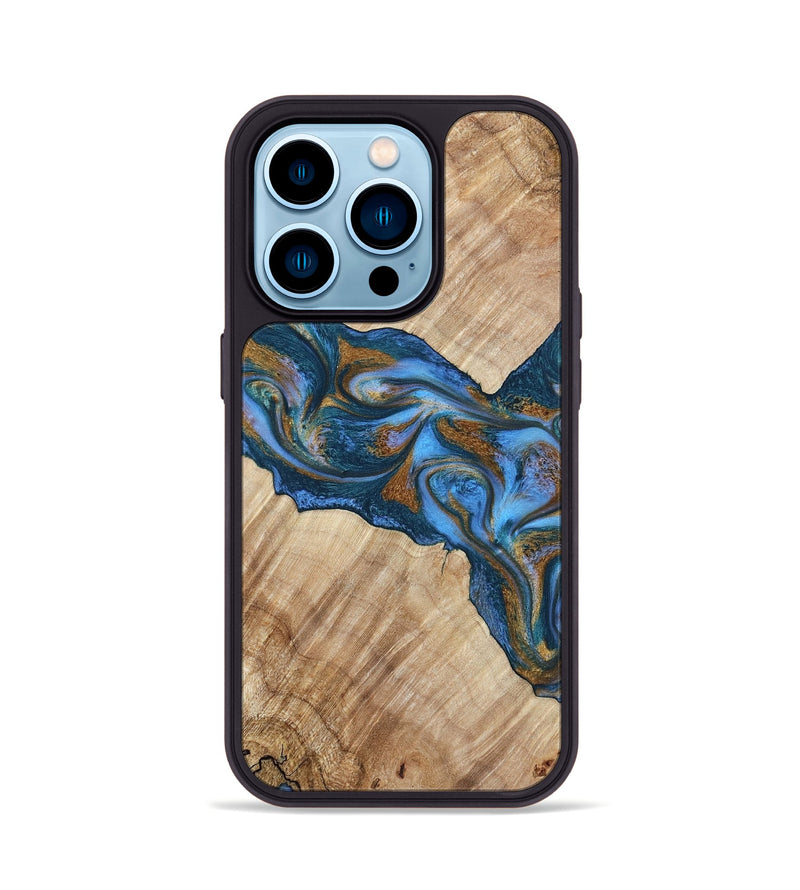 iPhone 14 Pro Wood Phone Case - Julieta (Teal & Gold, 792048)