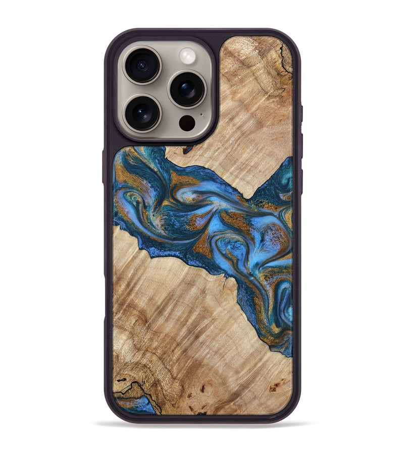 iPhone 16 Pro Max Wood Phone Case - Julieta (Teal & Gold, 792048)