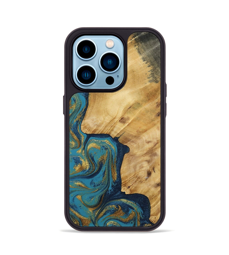 iPhone 14 Pro Wood Phone Case - Delphia (Teal & Gold, 792294)