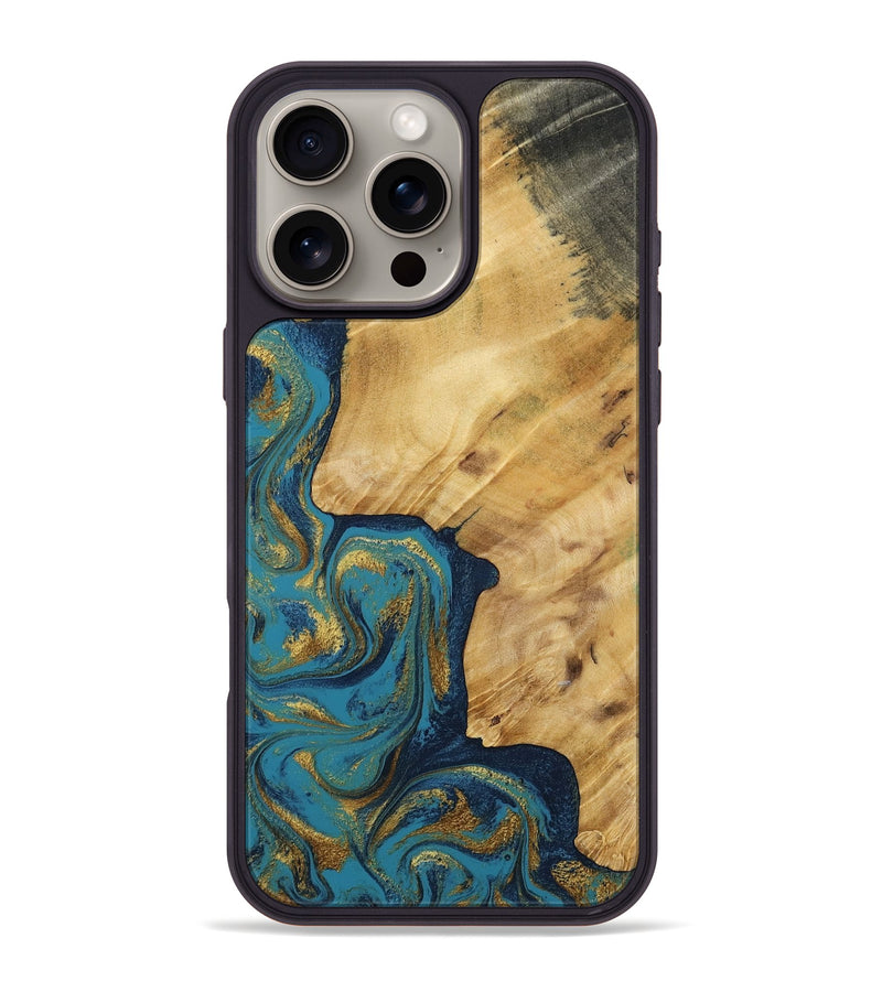 iPhone 16 Pro Max Wood Phone Case - Delphia (Teal & Gold, 792294)