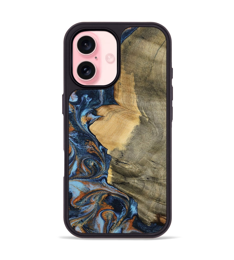 iPhone 16 Wood Phone Case - Mikael (Teal & Gold, 792402)
