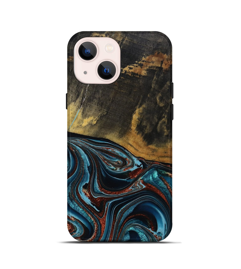 iPhone 13 mini Wood Live Edge Phone Case - Kaylynn (Teal & Gold, 792502)