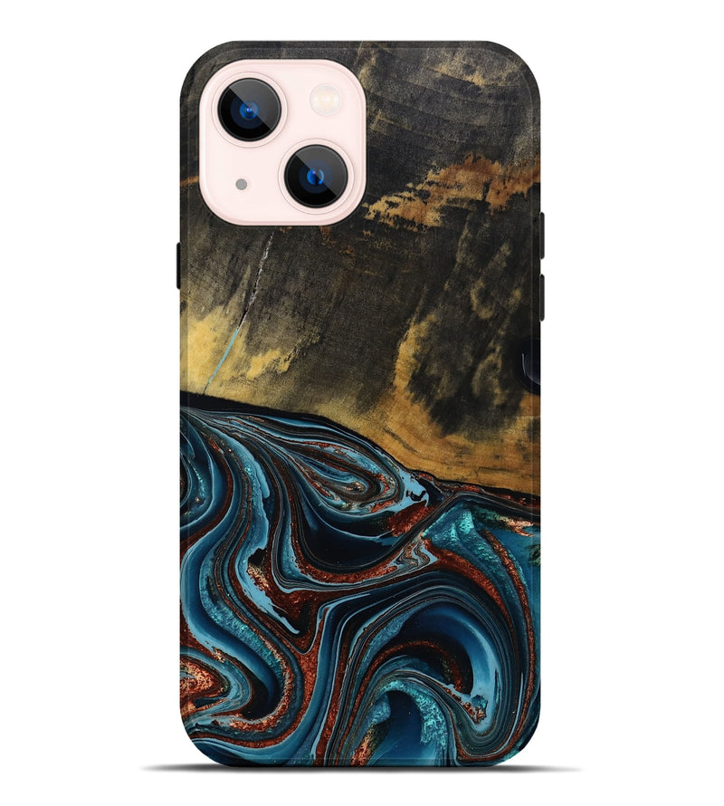 iPhone 14 Plus Wood Live Edge Phone Case - Kaylynn (Teal & Gold, 792502)