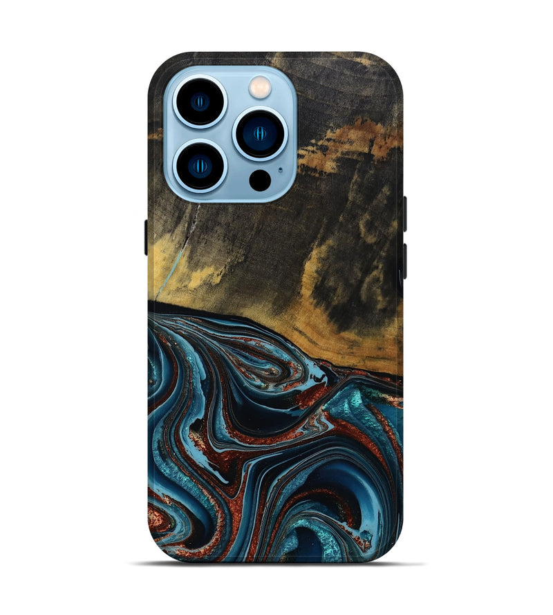 iPhone 14 Pro Wood Live Edge Phone Case - Kaylynn (Teal & Gold, 792502)