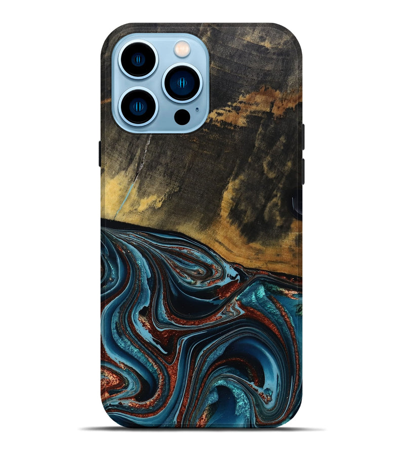 iPhone 14 Pro Max Wood Live Edge Phone Case - Kaylynn (Teal & Gold, 792502)