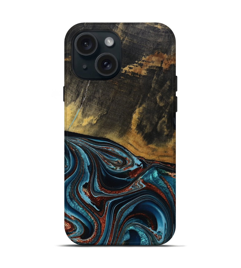 iPhone 15 Wood Live Edge Phone Case - Kaylynn (Teal & Gold, 792502)