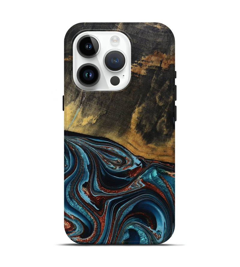 iPhone 15 Pro Wood Live Edge Phone Case - Kaylynn (Teal & Gold, 792502)