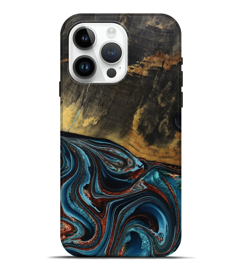 iPhone 15 Pro Max Wood Live Edge Phone Case - Kaylynn (Teal & Gold, 792502)