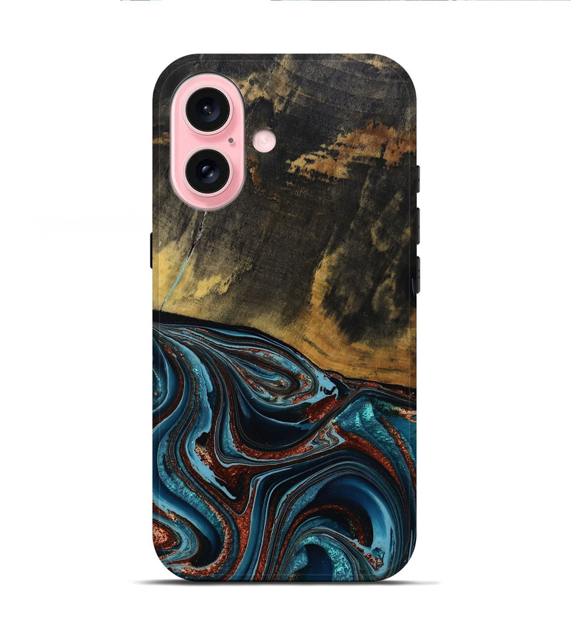 iPhone 16 Wood Live Edge Phone Case - Kaylynn (Teal & Gold, 792502)