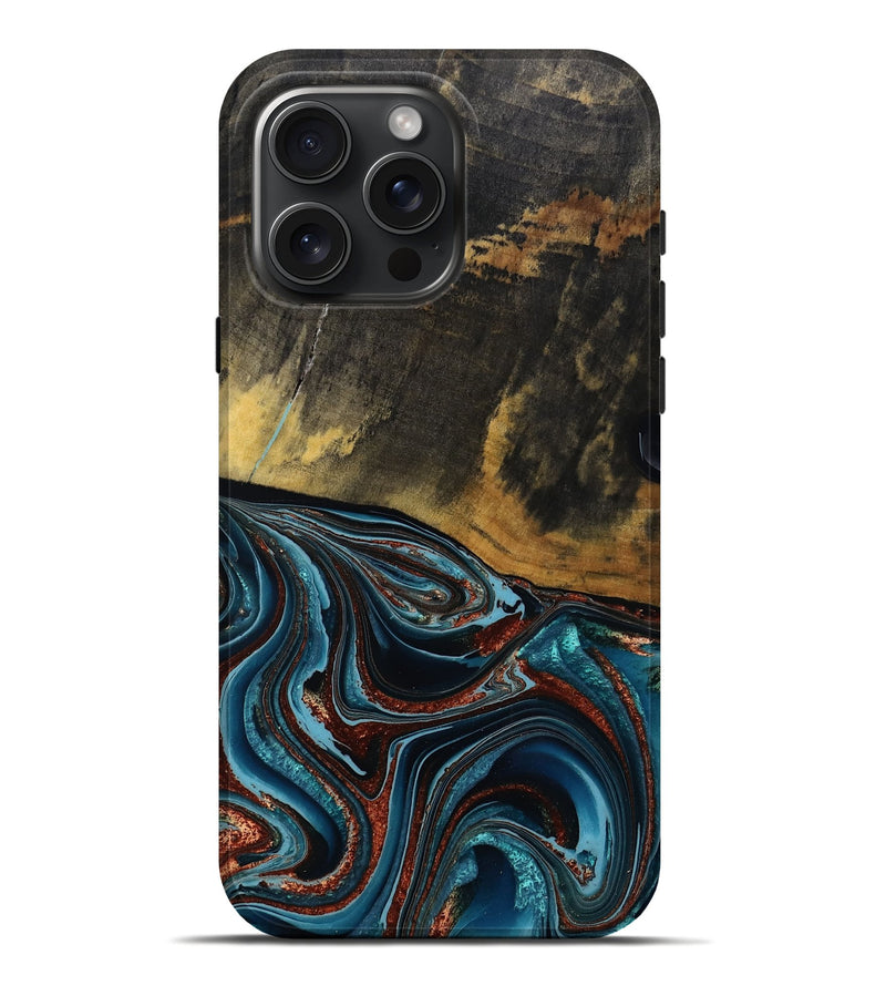 iPhone 16 Pro Max Wood Live Edge Phone Case - Kaylynn (Teal & Gold, 792502)
