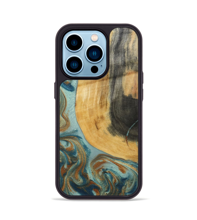 iPhone 14 Pro Wood Phone Case - Miranda (Teal & Gold, 792534)