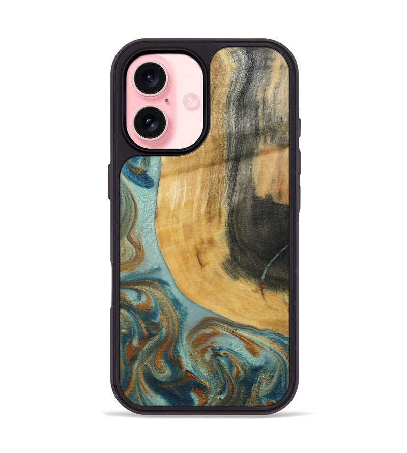 iPhone 16 Wood Phone Case - Miranda (Teal & Gold, 792534)
