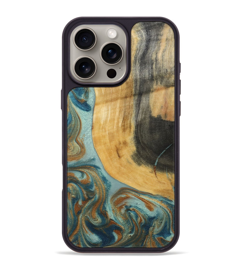 iPhone 16 Pro Max Wood Phone Case - Miranda (Teal & Gold, 792534)