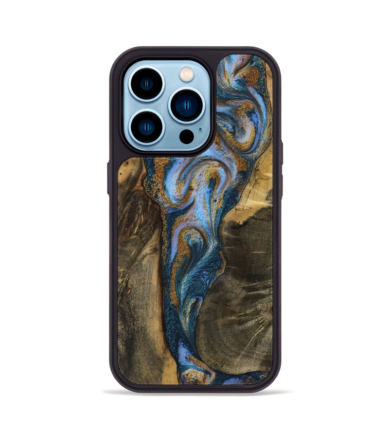 iPhone 14 Pro Wood Phone Case - Koby (Teal & Gold, 792820)