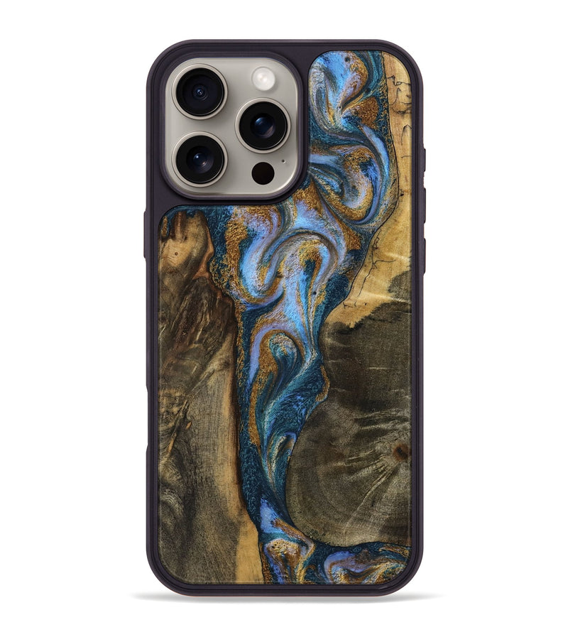 iPhone 16 Pro Max Wood Phone Case - Koby (Teal & Gold, 792820)
