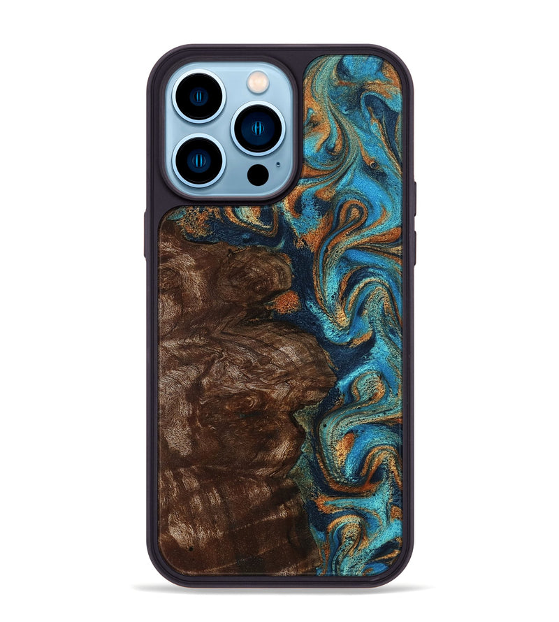 iPhone 14 Pro Max Wood Phone Case - Ciji (Teal & Gold, 792858)