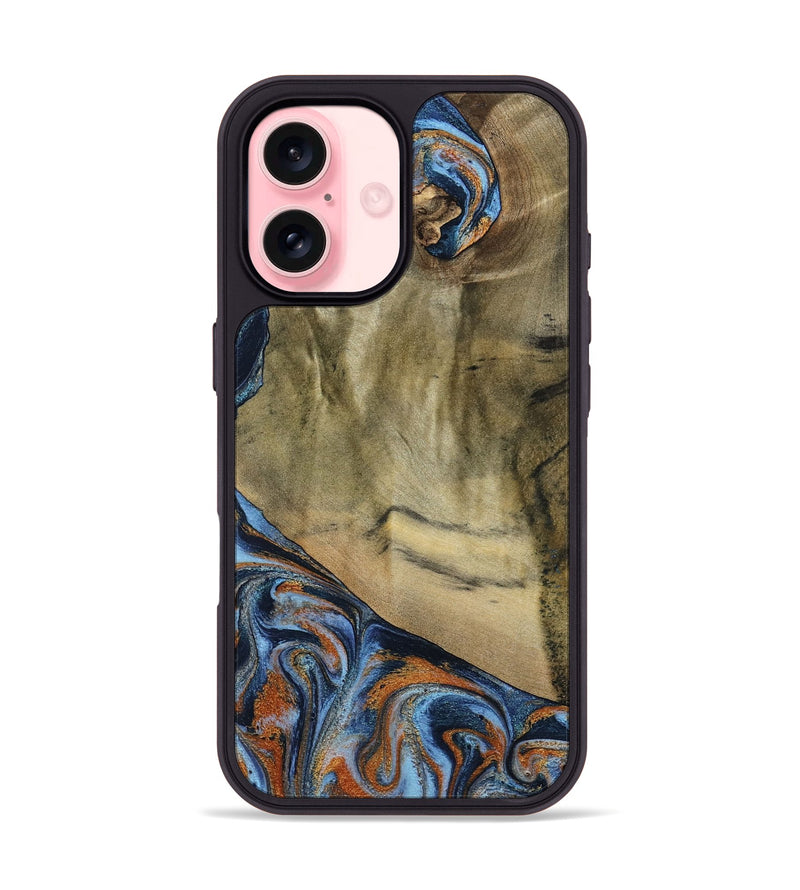iPhone 16 Wood Phone Case - Bud (Teal & Gold, 792948)