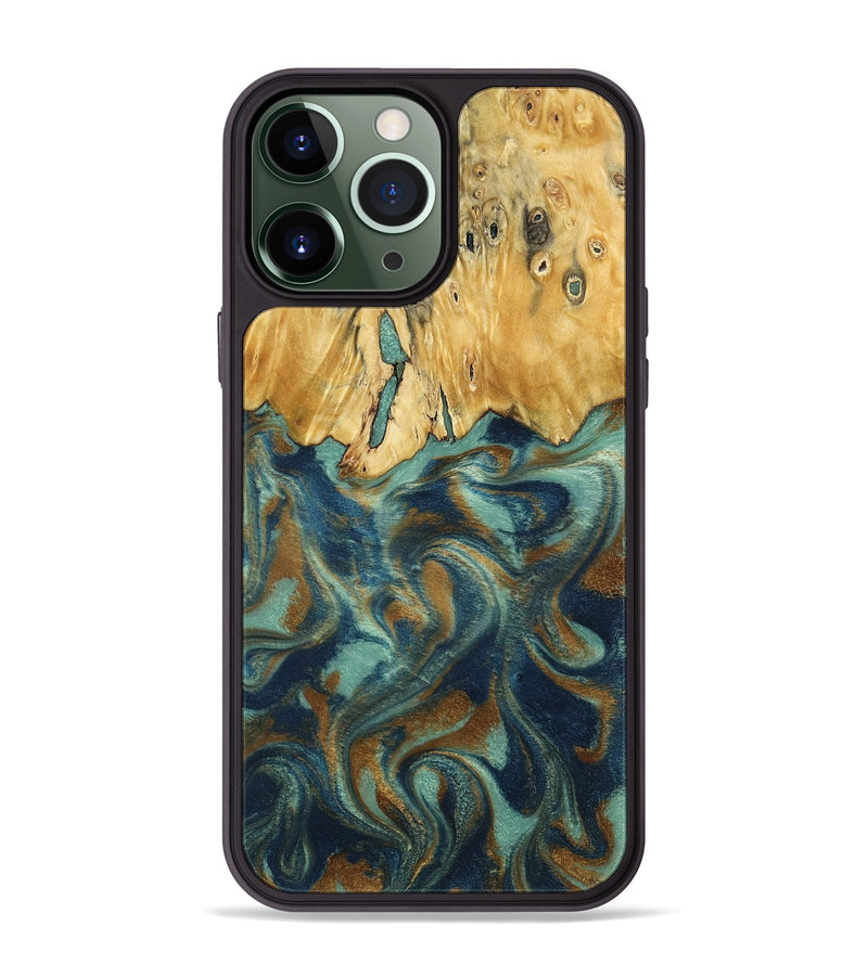 iPhone 13 Pro Max Wood Phone Case - Livia (Teal & Gold, 792949)