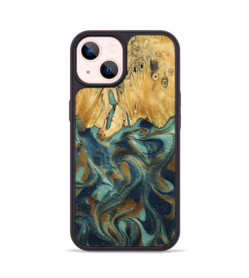 iPhone 14 Wood Phone Case - Livia (Teal & Gold, 792949)