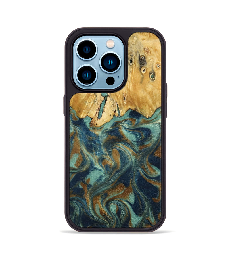 iPhone 14 Pro Wood Phone Case - Livia (Teal & Gold, 792949)
