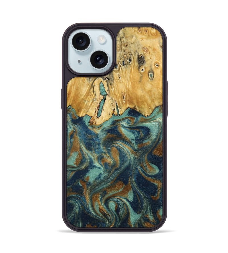 iPhone 15 Wood Phone Case - Livia (Teal & Gold, 792949)
