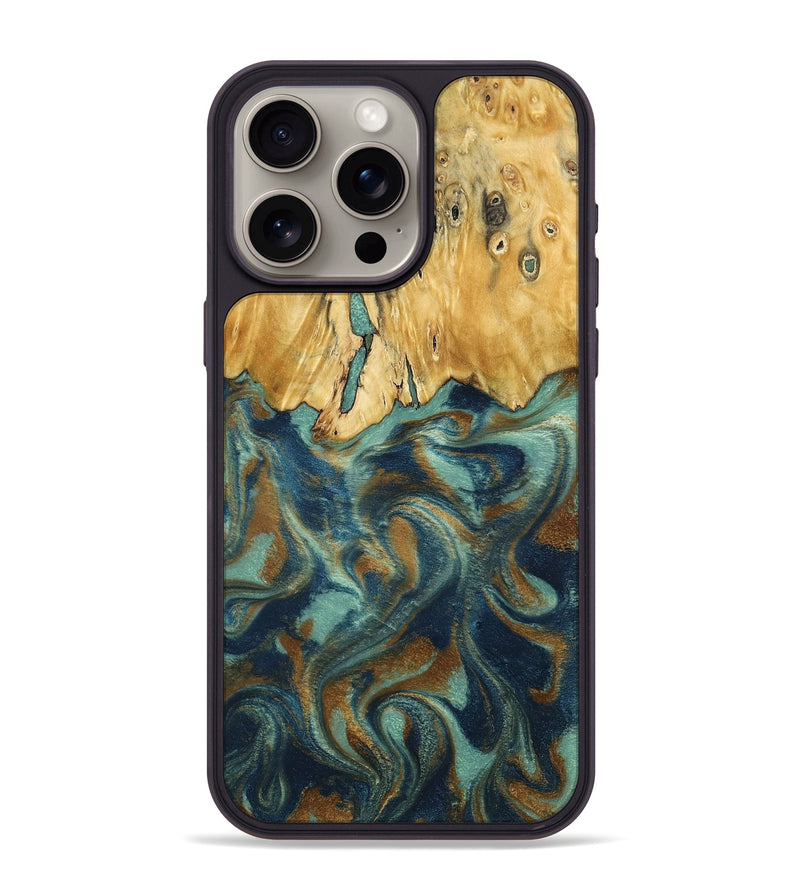 iPhone 15 Pro Max Wood Phone Case - Livia (Teal & Gold, 792949)