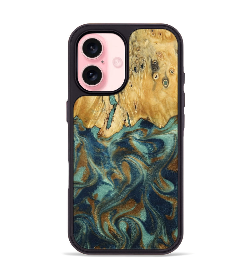 iPhone 16 Wood Phone Case - Livia (Teal & Gold, 792949)