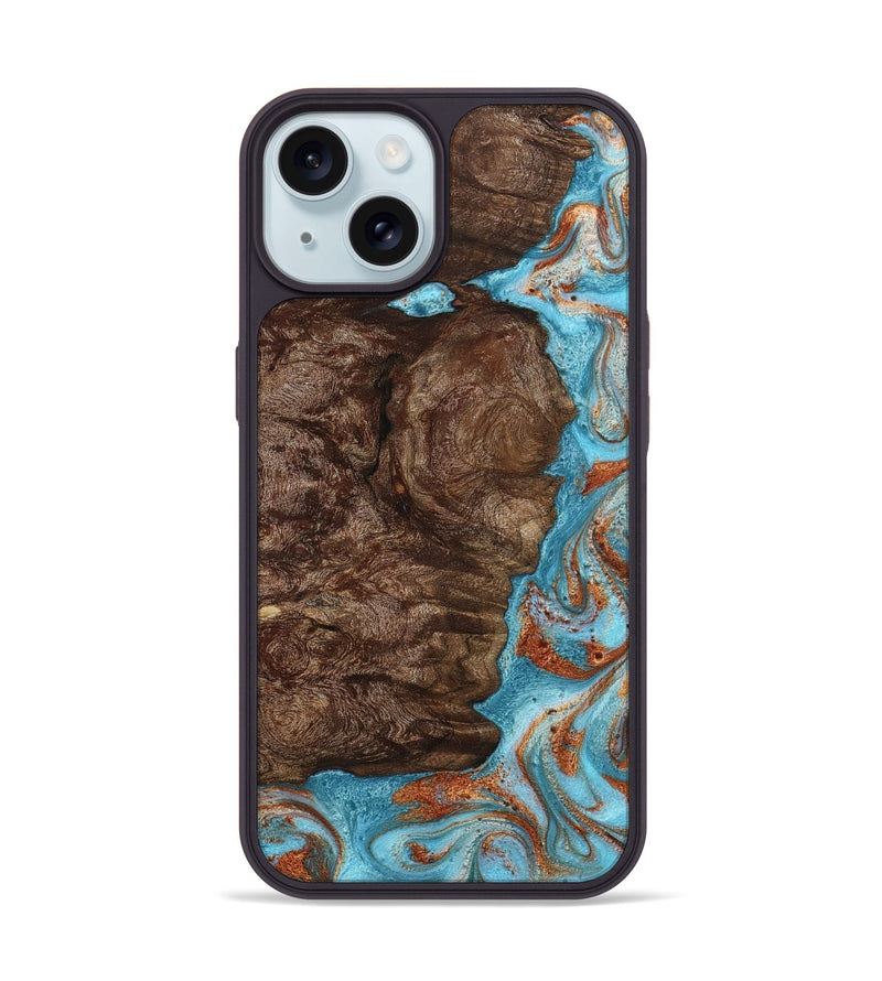 iPhone 15 Wood Phone Case - Brook (Teal & Gold, 793066)