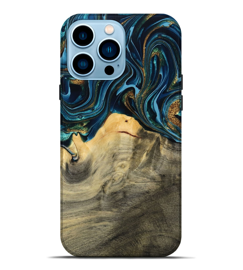 iPhone 14 Pro Max Wood Live Edge Phone Case - Taft (Teal & Gold, 793136)