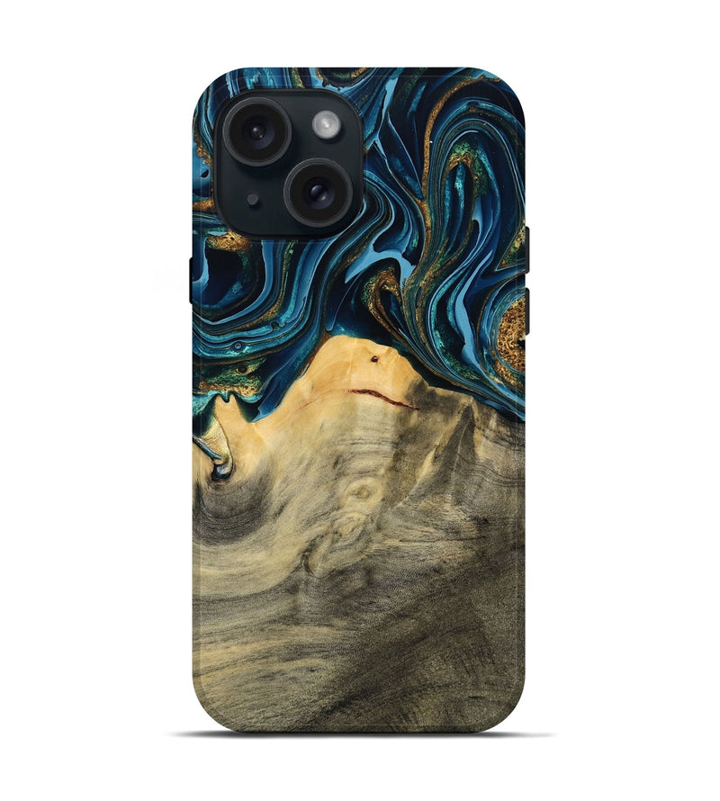 iPhone 15 Wood Live Edge Phone Case - Taft (Teal & Gold, 793136)