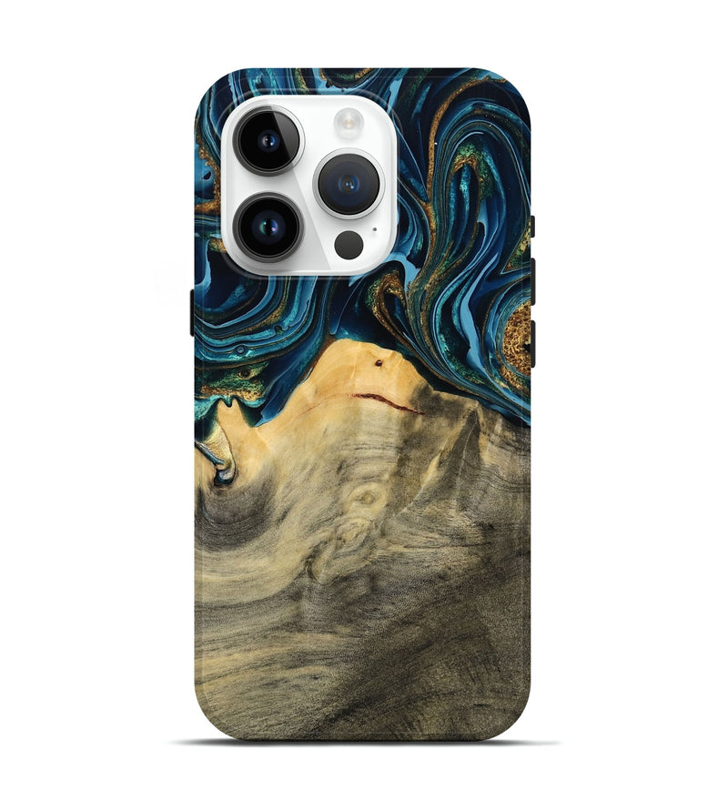 iPhone 15 Pro Wood Live Edge Phone Case - Taft (Teal & Gold, 793136)