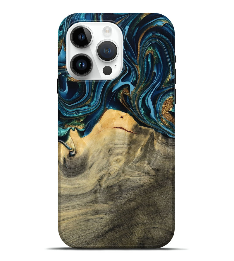 iPhone 15 Pro Max Wood Live Edge Phone Case - Taft (Teal & Gold, 793136)