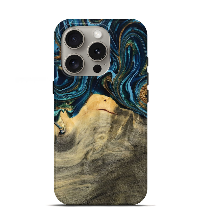 iPhone 16 Pro Wood Live Edge Phone Case - Taft (Teal & Gold, 793136)
