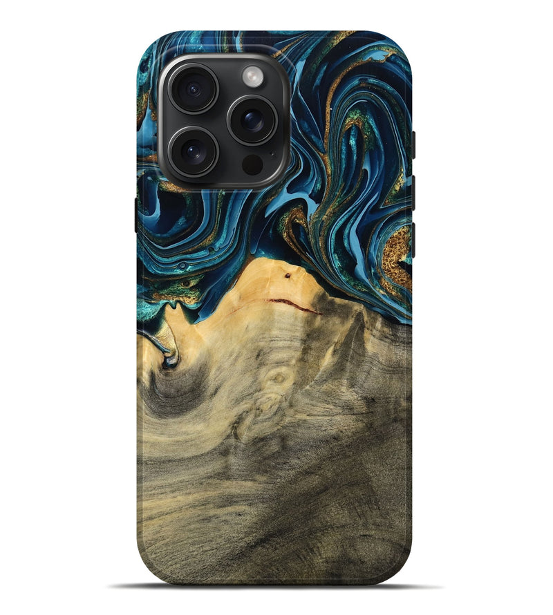 iPhone 16 Pro Max Wood Live Edge Phone Case - Taft (Teal & Gold, 793136)