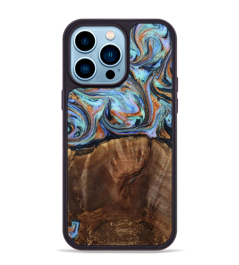 iPhone 14 Pro Max Wood Phone Case - Melvina (Teal & Gold, 793378)