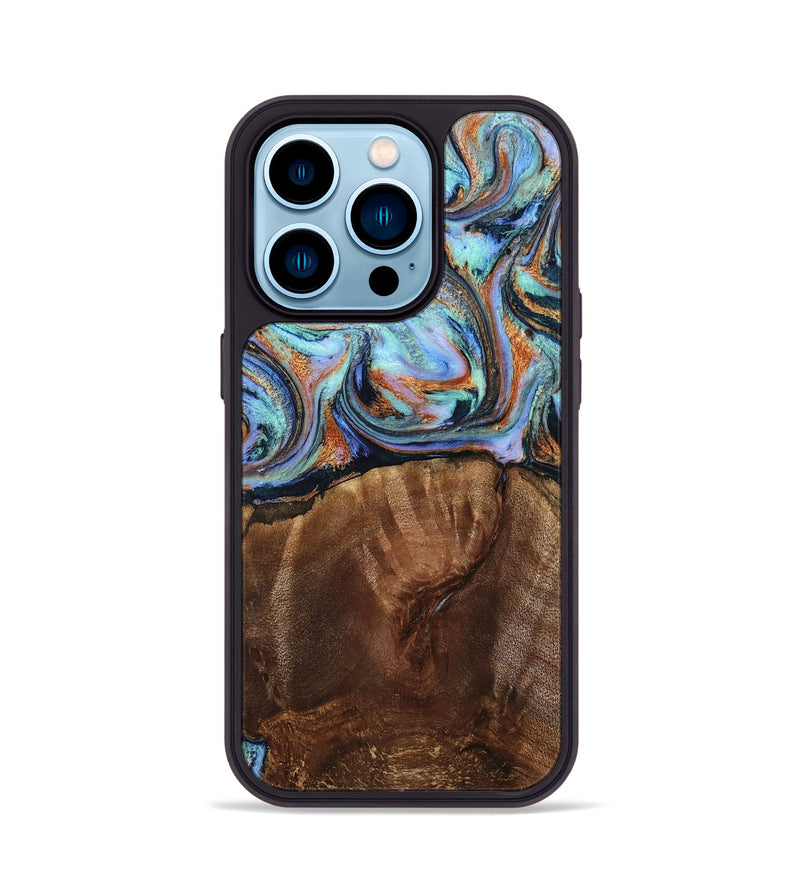 iPhone 14 Pro Wood Phone Case - Melvina (Teal & Gold, 793378)
