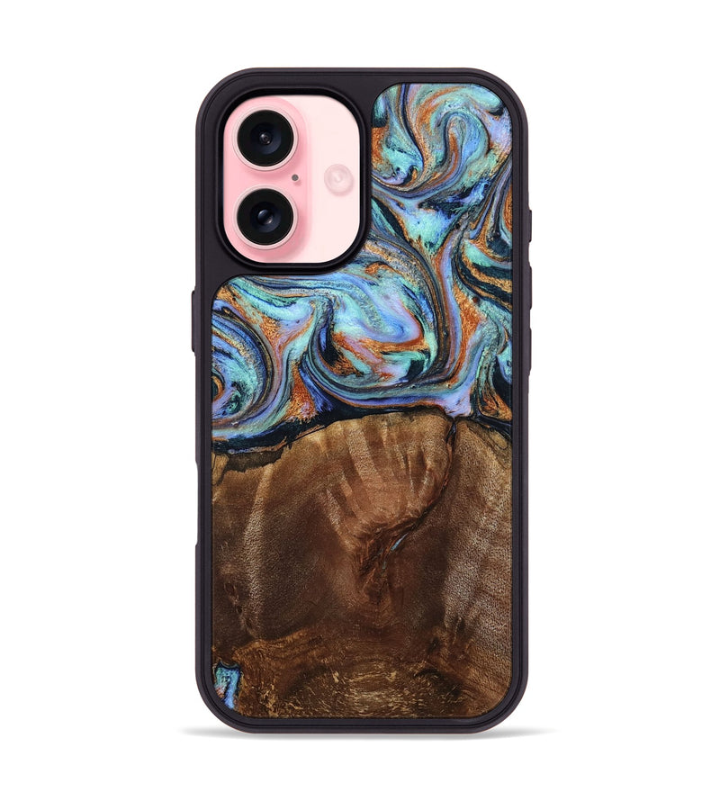 iPhone 16 Wood Phone Case - Melvina (Teal & Gold, 793378)
