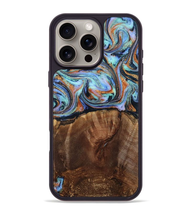 iPhone 16 Pro Max Wood Phone Case - Melvina (Teal & Gold, 793378)