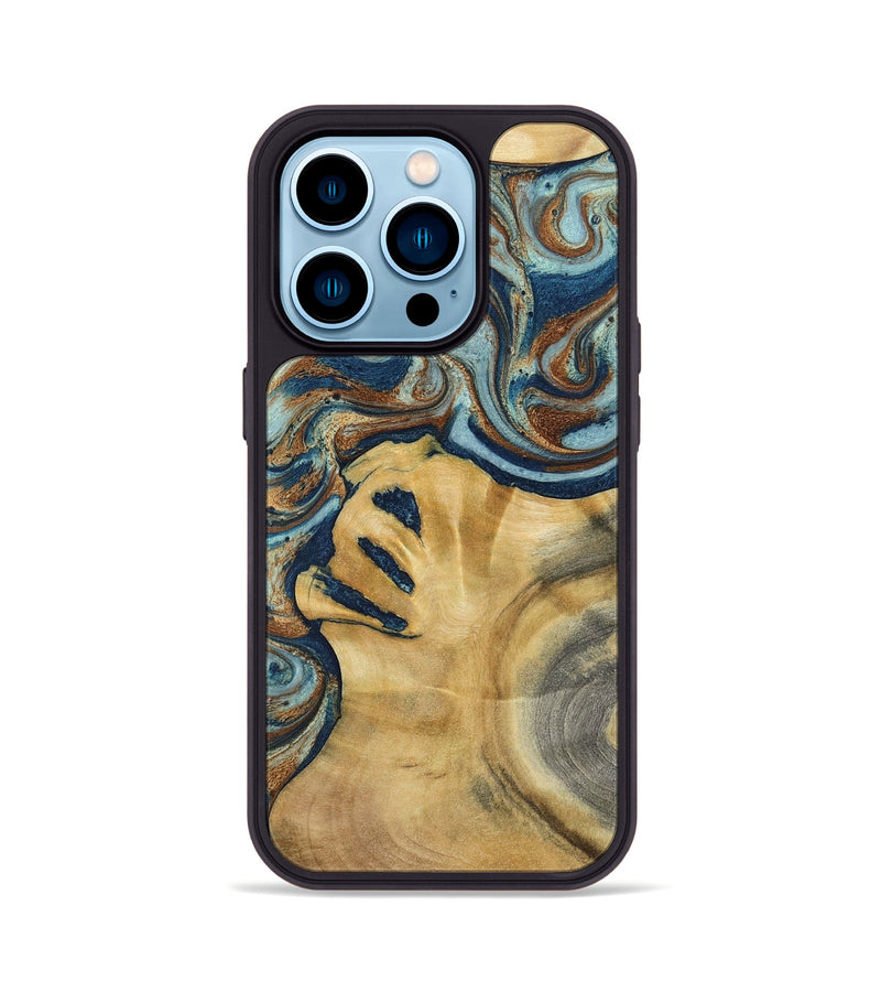 iPhone 14 Pro Wood Phone Case - Lucien (Teal & Gold, 793506)