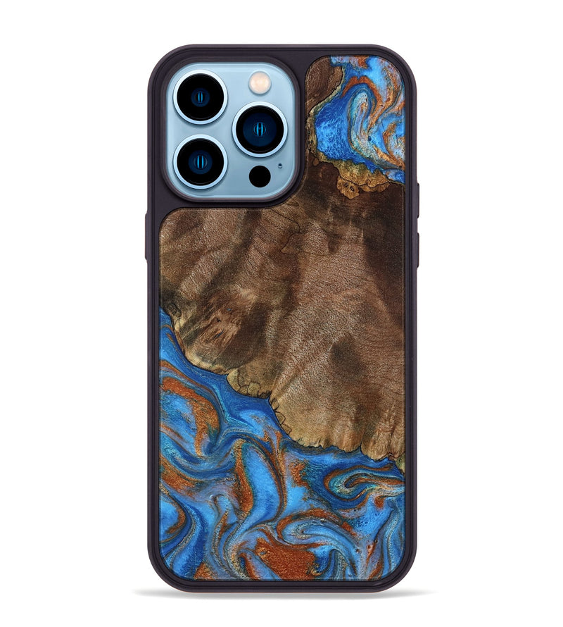 iPhone 14 Pro Max Wood Phone Case - Thiago (Teal & Gold, 793507)