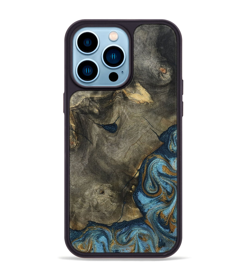 iPhone 14 Pro Max Wood Phone Case - Carey (Teal & Gold, 793510)